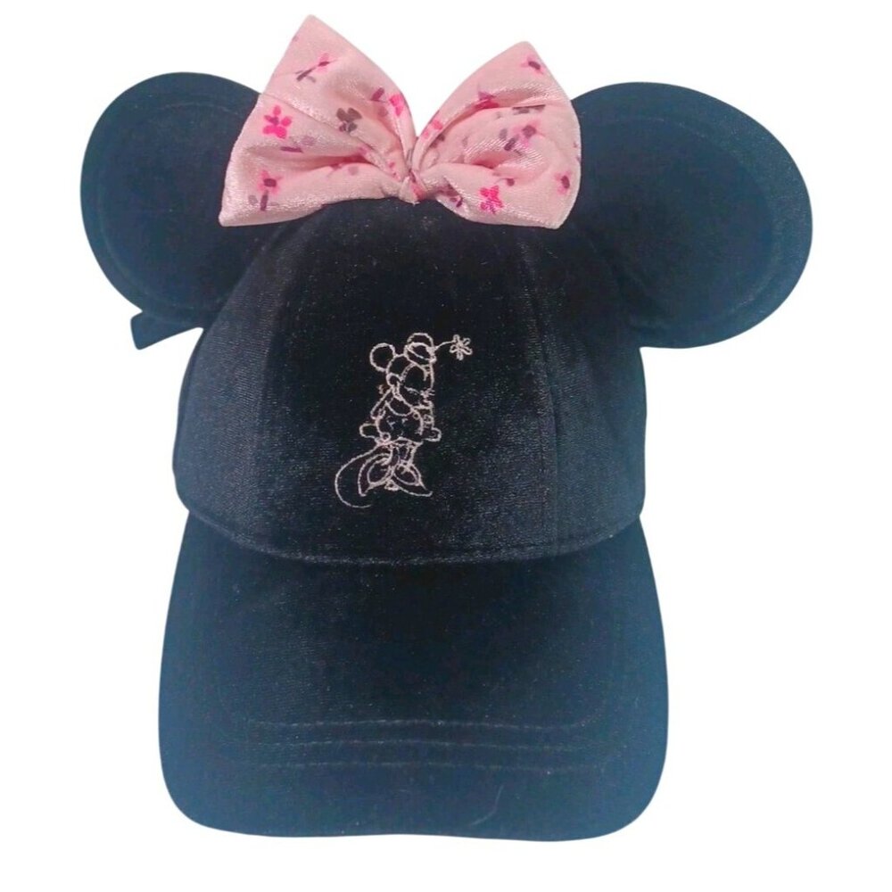 New Minnie Mouse Ears  Adult Velvet Adjustable Hat Cap With Pink Floral Bow - Picture 3 of 10